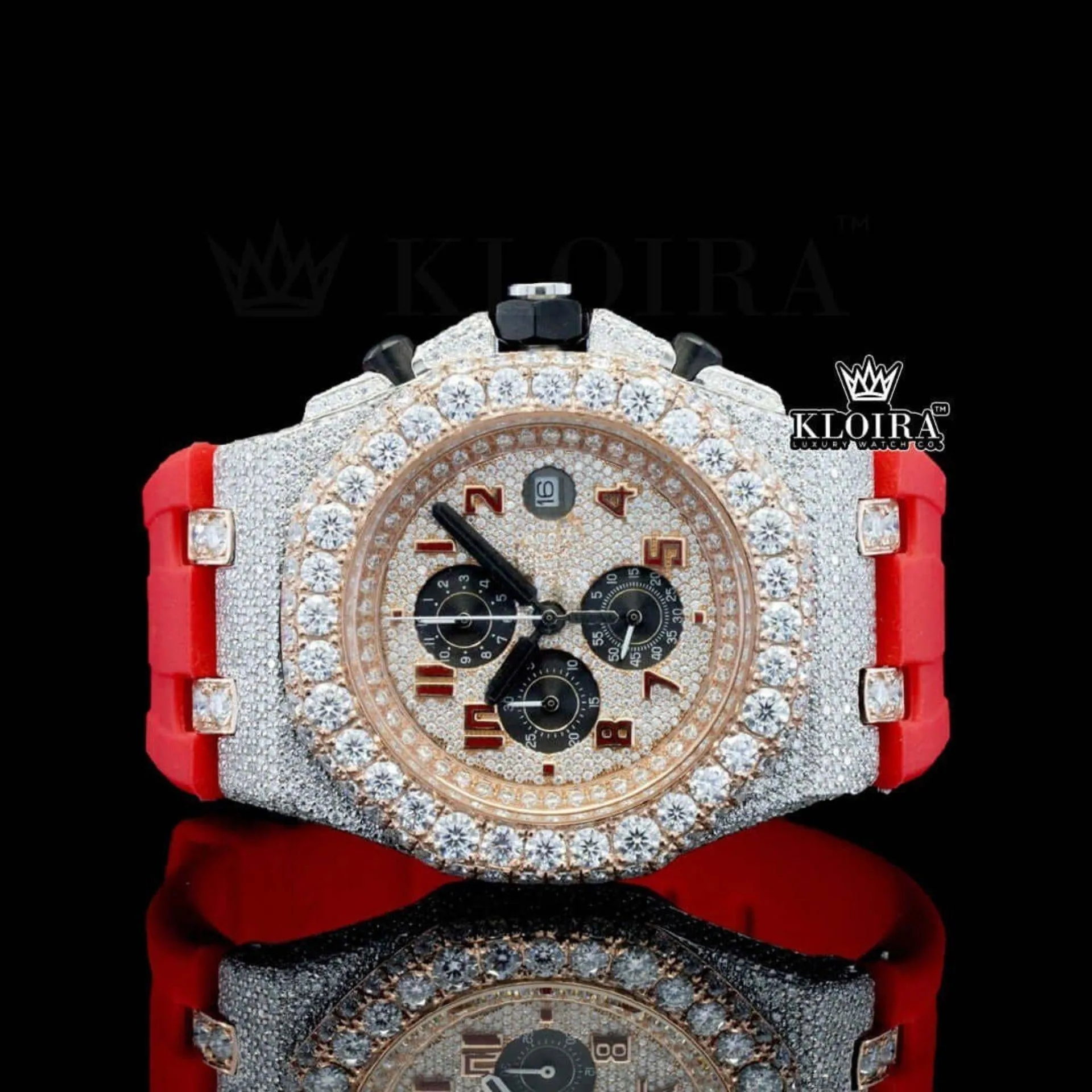 AP Royal Oak Offshore Moissanite Diamond Watch with Rose Gold Dial and Red Rubber Strap