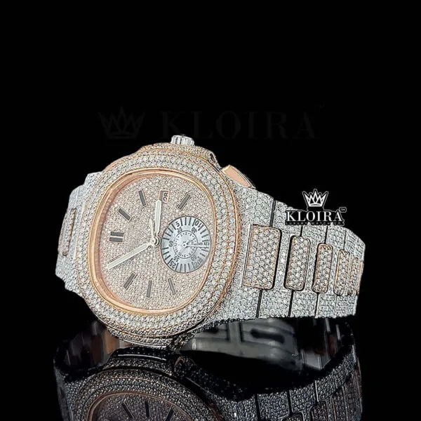 Rose Gold Dial Chronograph Two Tone Moissanite Diamond Watch Close Up Dial View