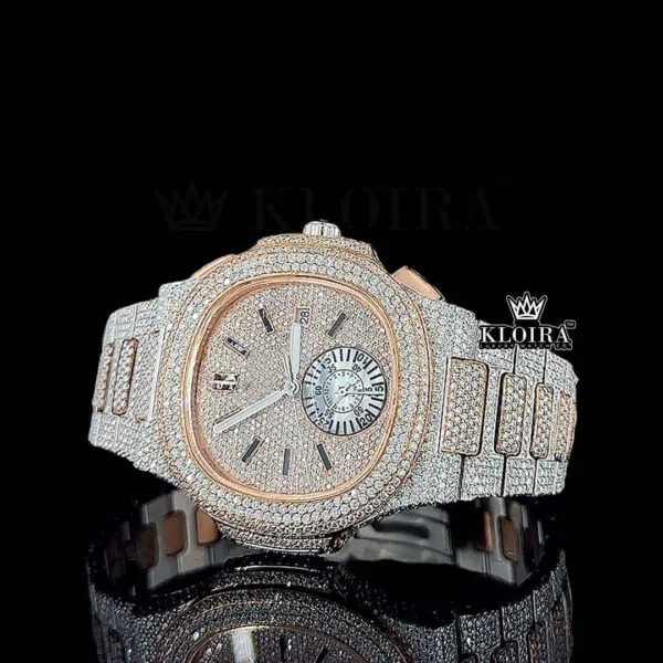 Rose Gold Dial Chronograph Two Tone Moissanite Diamond Watch Left Profile View