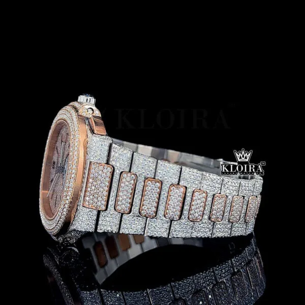 Rose Gold Dial Chronograph Two Tone Moissanite Diamond Watch Left Side View
