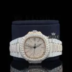 Rose Gold Dial Diamond Markers Two Tone Iced Out Moissanite Watch Close Up Front View