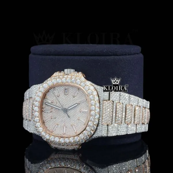 Rose Gold Dial Diamond Markers Two Tone Iced Out Moissanite Watch Left Profile View