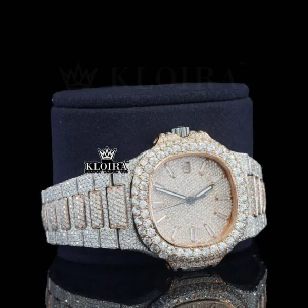 Rose Gold Dial Diamond Markers Two Tone Iced Out Moissanite Watch Right Profile View