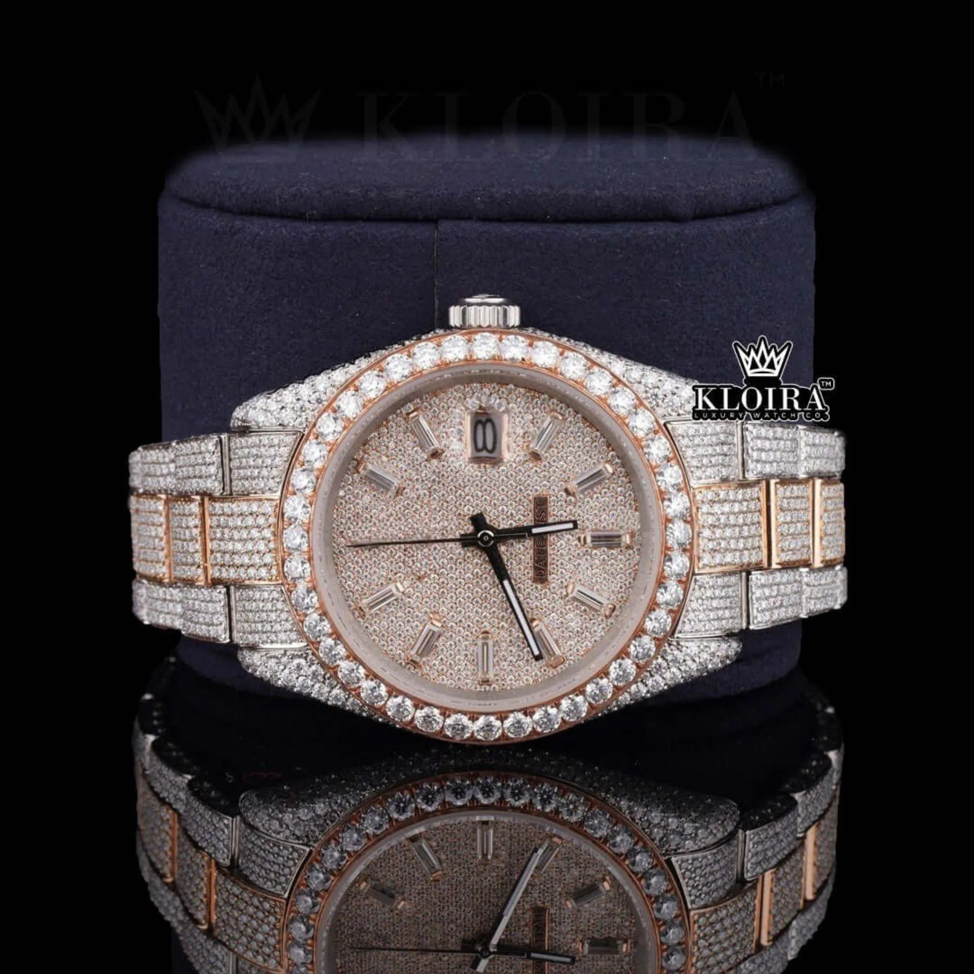 Roles Moissanite Diamond Watch with Rose Gold Dial and Stick Markers