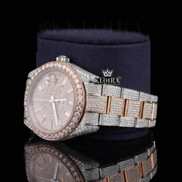 Rose Gold Dial Diamond Stick Markers Two Tone Moissanite Diamond Watch Left Side View