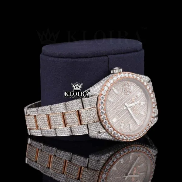 Rose Gold Dial Diamond Stick Markers Two Tone Moissanite Diamond Watch Right Profile View