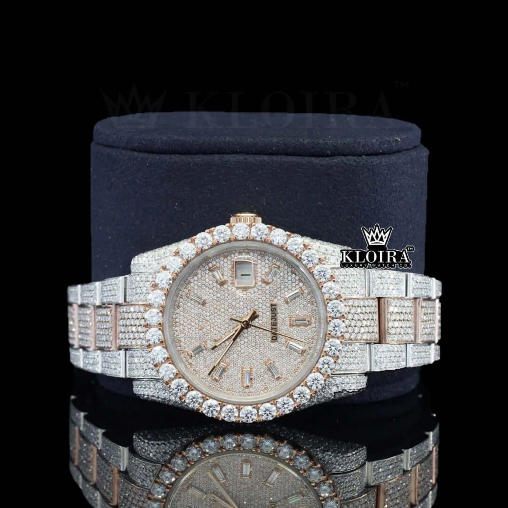 Rose Gold Dial Diamond Stick Markers Two Tone Moissanite Watch Close Up Front View