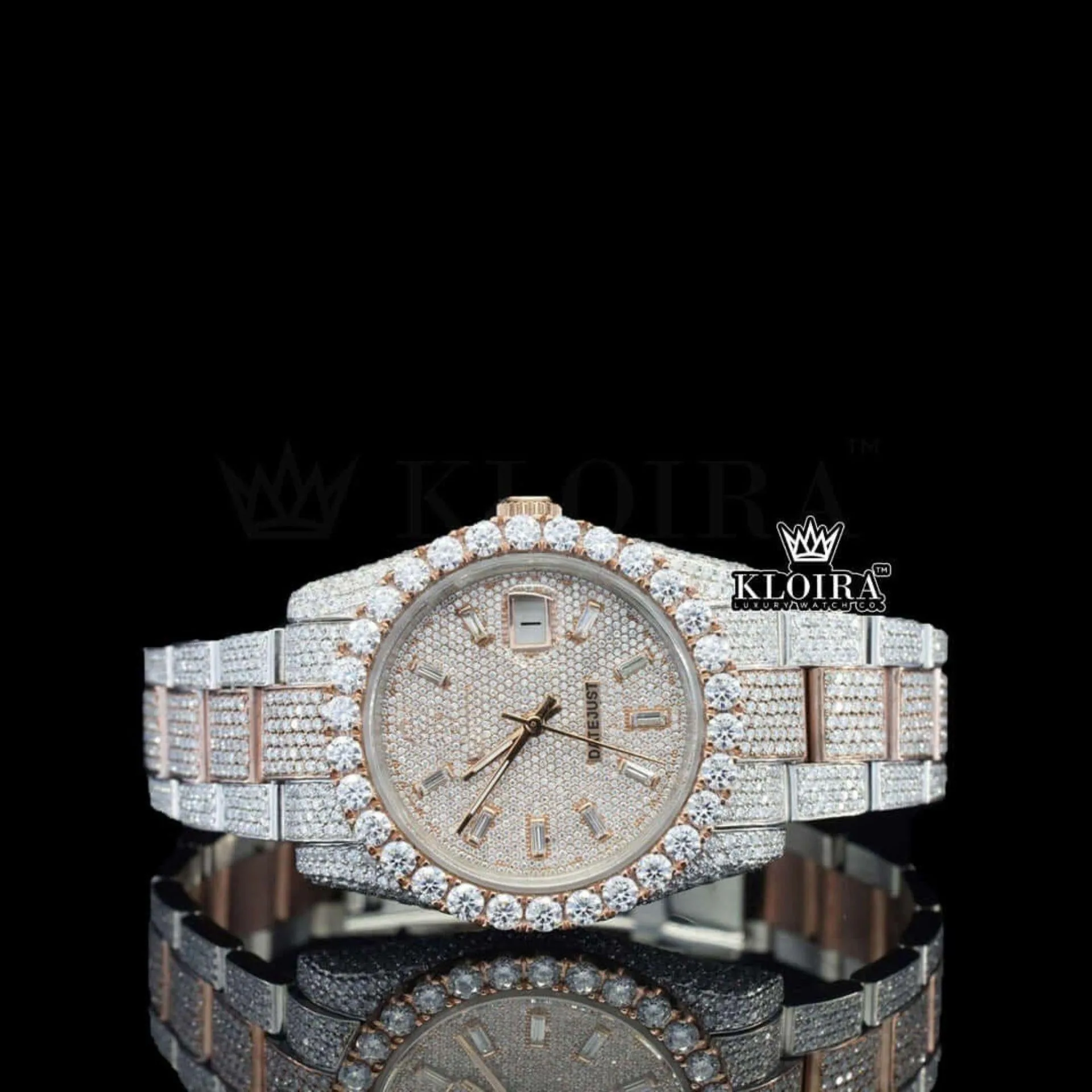 Roles Two Tone Moissanite Watch with Rose Gold Dial and Diamond Stick Markers