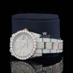 Rose Gold Dial Diamond Stick Markers Two Tone Moissanite Watch Left Profile View