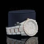 Rose Gold Dial Diamond Stick Markers Two Tone Moissanite Watch Right Profile View