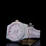 AP Rose Gold Dial Fully Iced Out Moissanite Watch showcasing its iced-out brilliance and elegant design.
