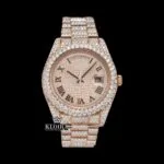 Roles Rose Gold Dial Roman Numerals Fully Iced Out Moissanite Watch