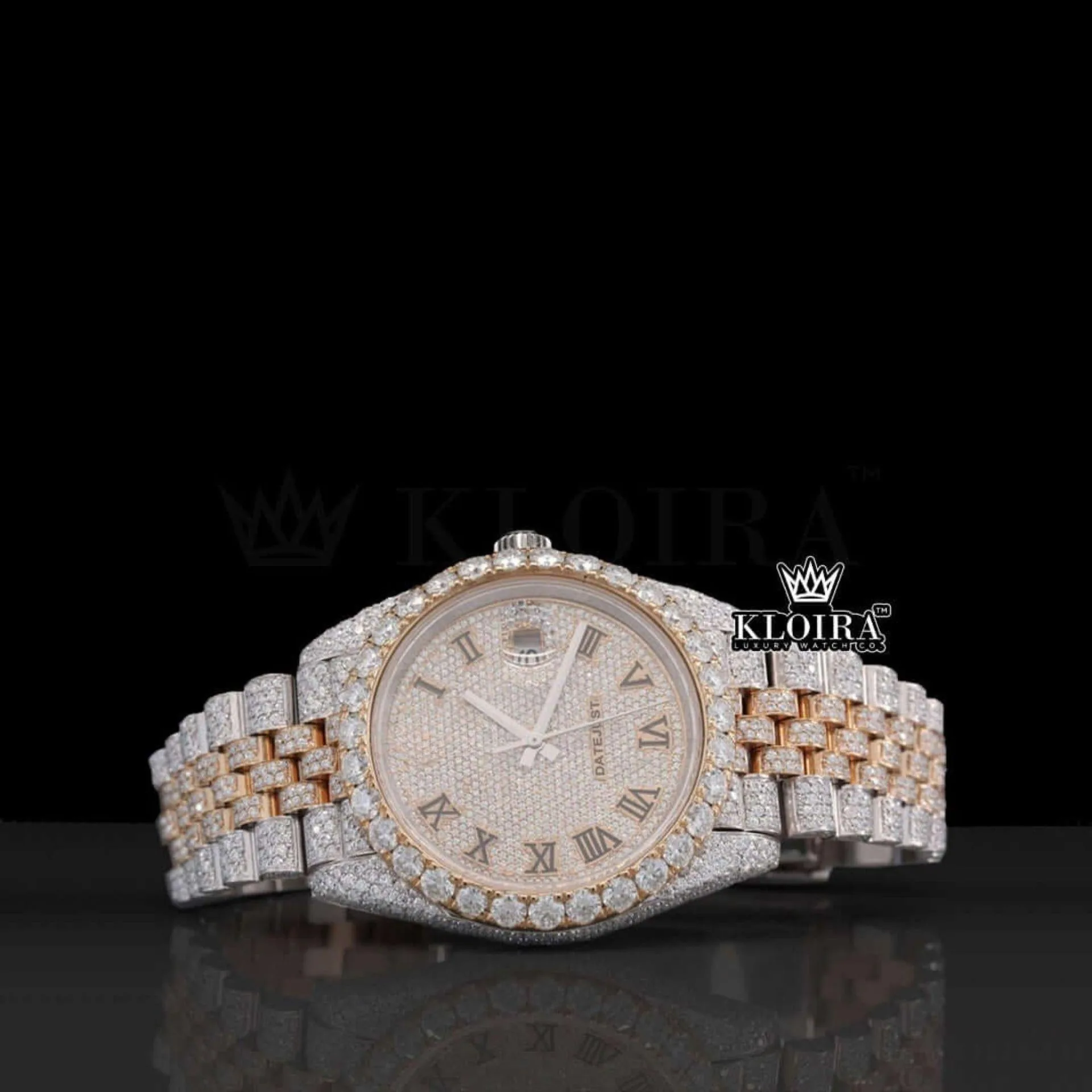 Roles Rose Gold Dial Roman Numerals Moissanite Watch with Diamonds