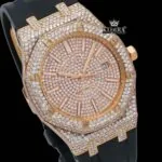 Rose Gold Dial Stick Markers Rubber Strap Fully Iced Out Moissanite Watch Close Up Dial View