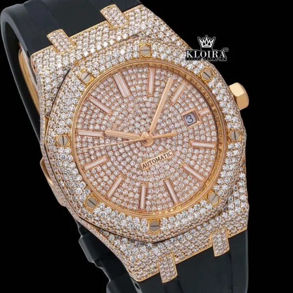 Rose Gold Dial Stick Markers Rubber Strap Fully Iced Out Moissanite Watch Close Up Dial View