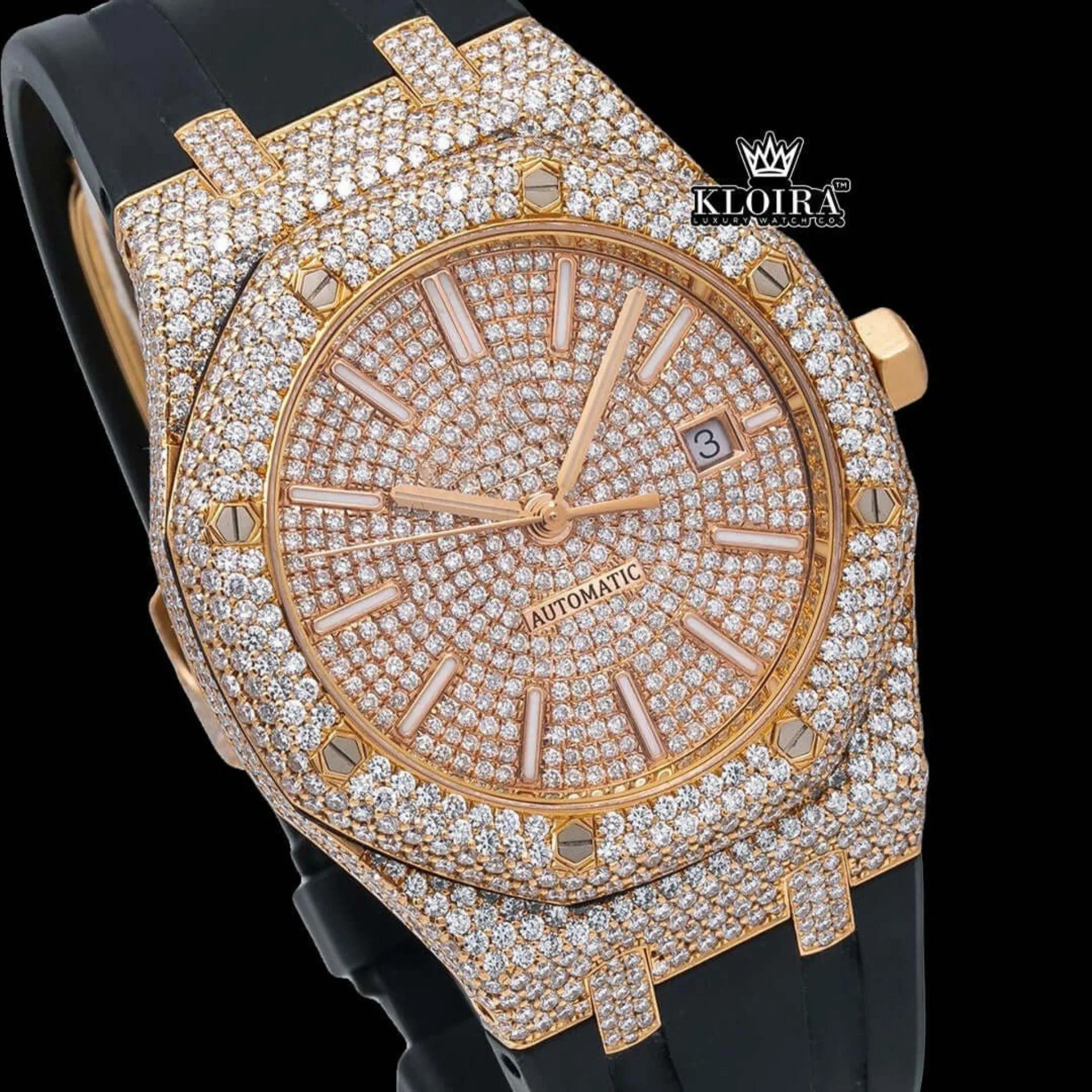 Rose Gold Dial Stick Markers Rubber Strap Fully Iced Out Moissanite Watch Close Up Dial View