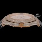 Rose Gold Dial Stick Markers Rubber Strap Fully Iced Out Moissanite Watch Crown View