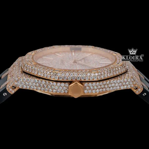 Rose Gold Dial Stick Markers Rubber Strap Fully Iced Out Moissanite Watch Crown View