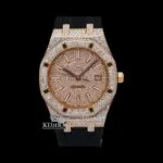 AP Royal Oak Moissanite Watch with Rose Gold Dial and Rubber Strap, showcasing its luxurious design and brilliance.