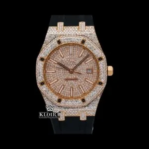 AP Royal Oak Moissanite Watch with Rose Gold Dial and Rubber Strap