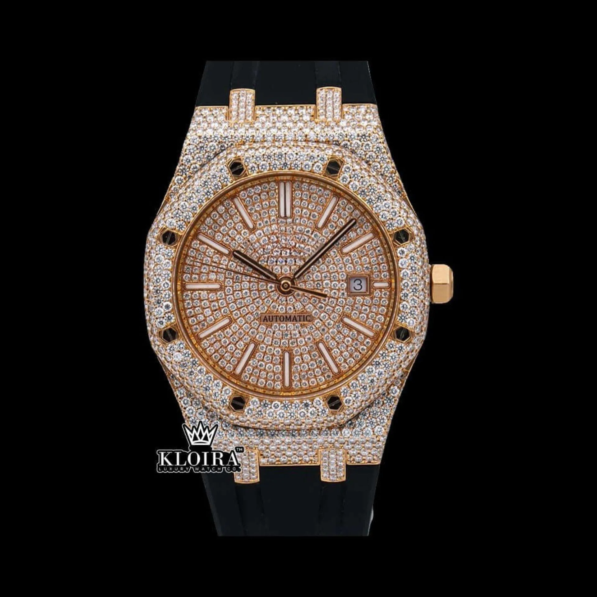 AP Royal Oak Moissanite Watch with Rose Gold Dial and Rubber Strap, showcasing its luxurious design and brilliance.