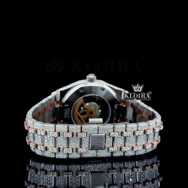 Rose Gold Dial Stick Markers Two Tone Fully Iced Out Moissanite Watch Caseback View
