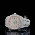Rose Gold Dial Stick Markers Two Tone Fully Iced Out Moissanite Watch Left Profile View