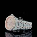 Rose Gold Dial Stick Markers Two Tone Fully Iced Out Moissanite Watch Left Side View