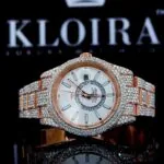 Roles Rose Gold Dual Time Moissanite Watch with White Dial and Iced Out Design