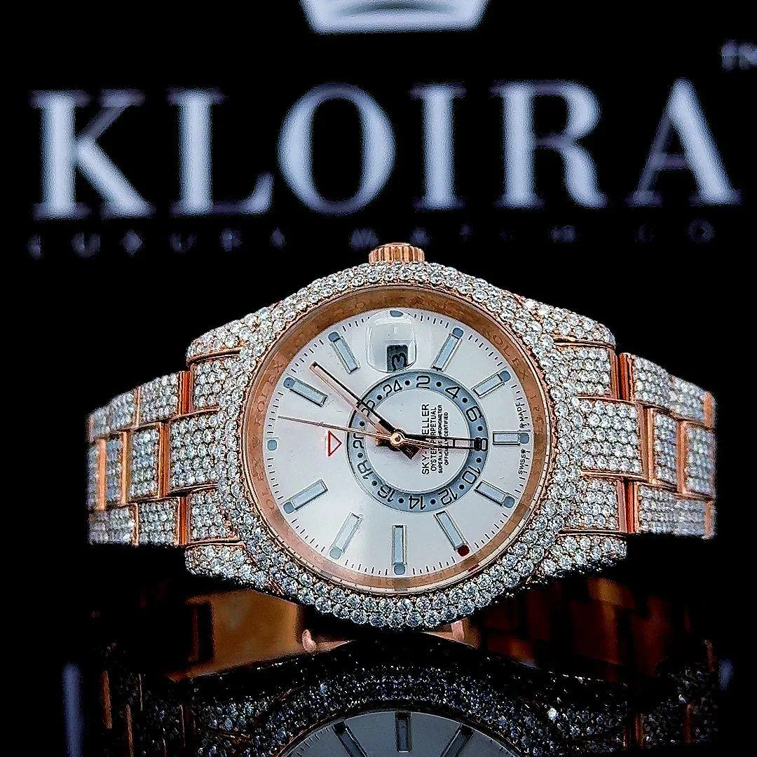 Roles Rose Gold Dual Time Moissanite Watch with White Dial and Iced Out Design