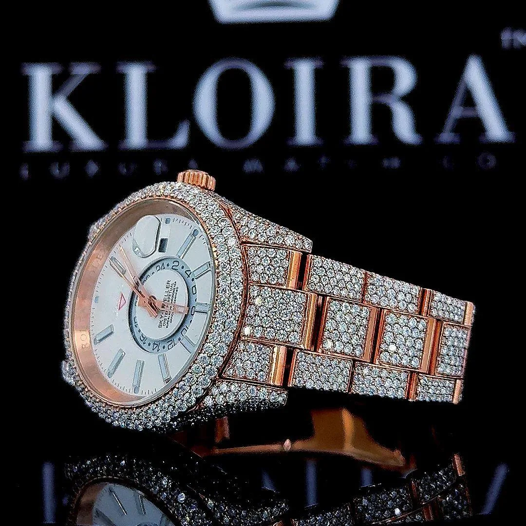 Rose Gold Dual Time White Dial Stick Markers Fully Iced Out Moissanite Watch Left View