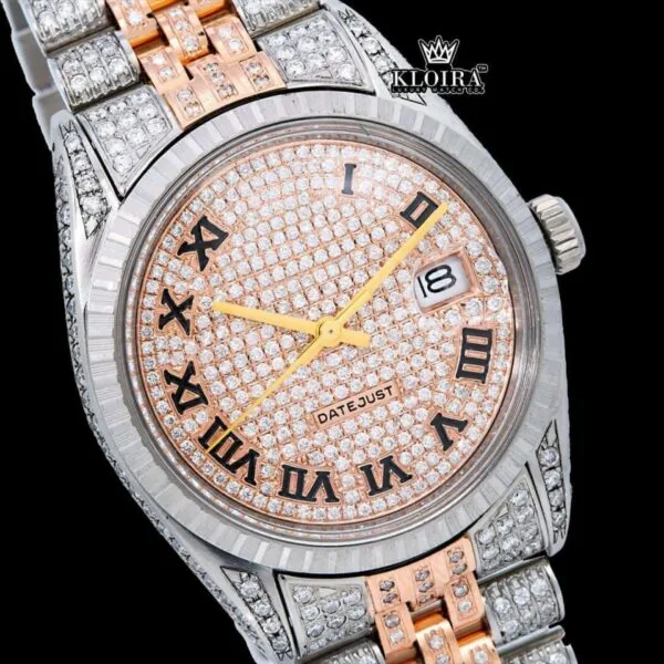 Rose Gold Oyster Roles Inspired Two Tone Moissanite Watch 14K Gold VVS 18 Carat Close Up Dial View