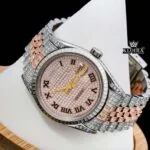Rose Gold Oyster Roles Inspired Two Tone Moissanite Watch 14K Gold VVS 18 Carat Close Up Front View
