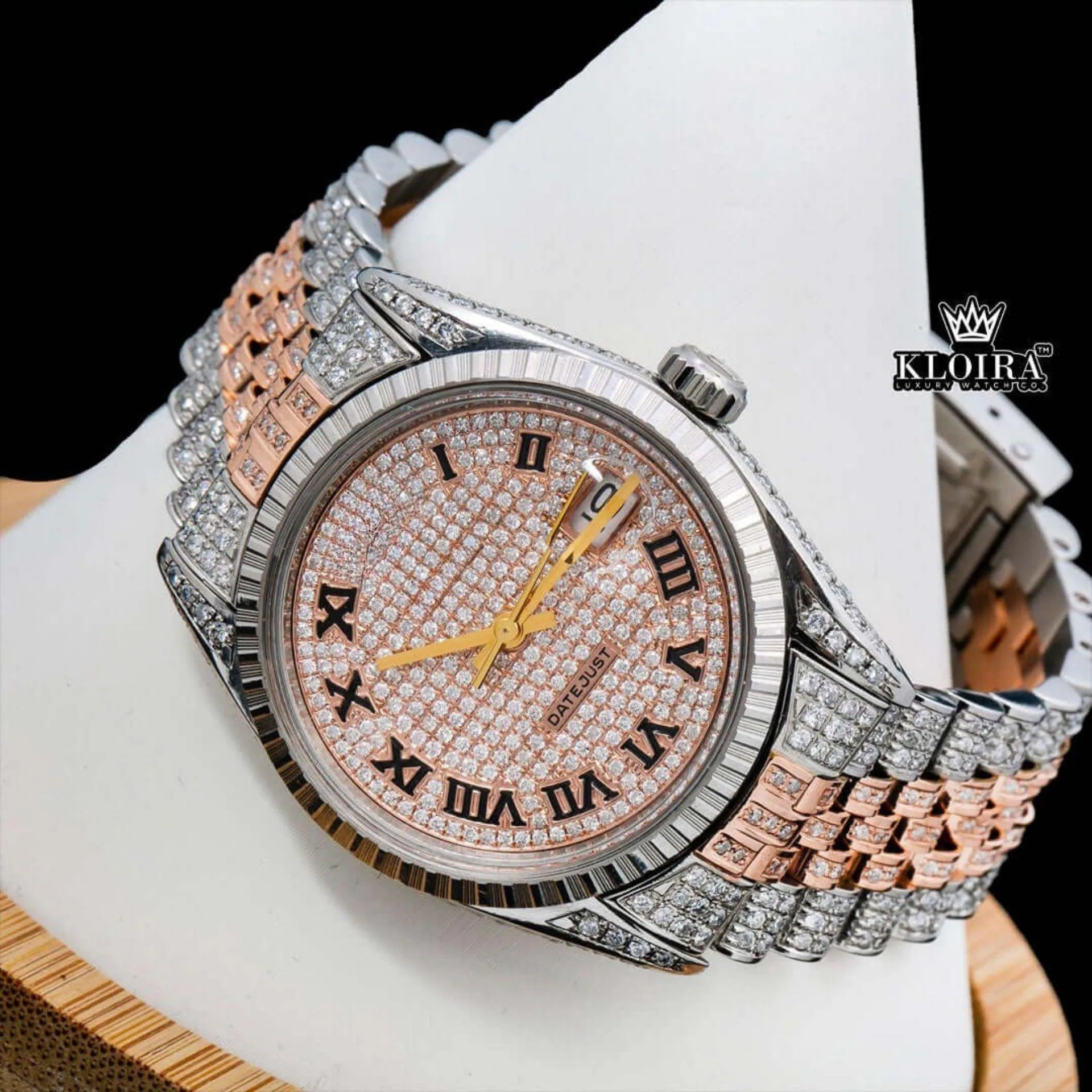 Rose Gold Oyster Roles Inspired Two Tone Moissanite Watch 14K Gold VVS 18 Carat Close Up Front View