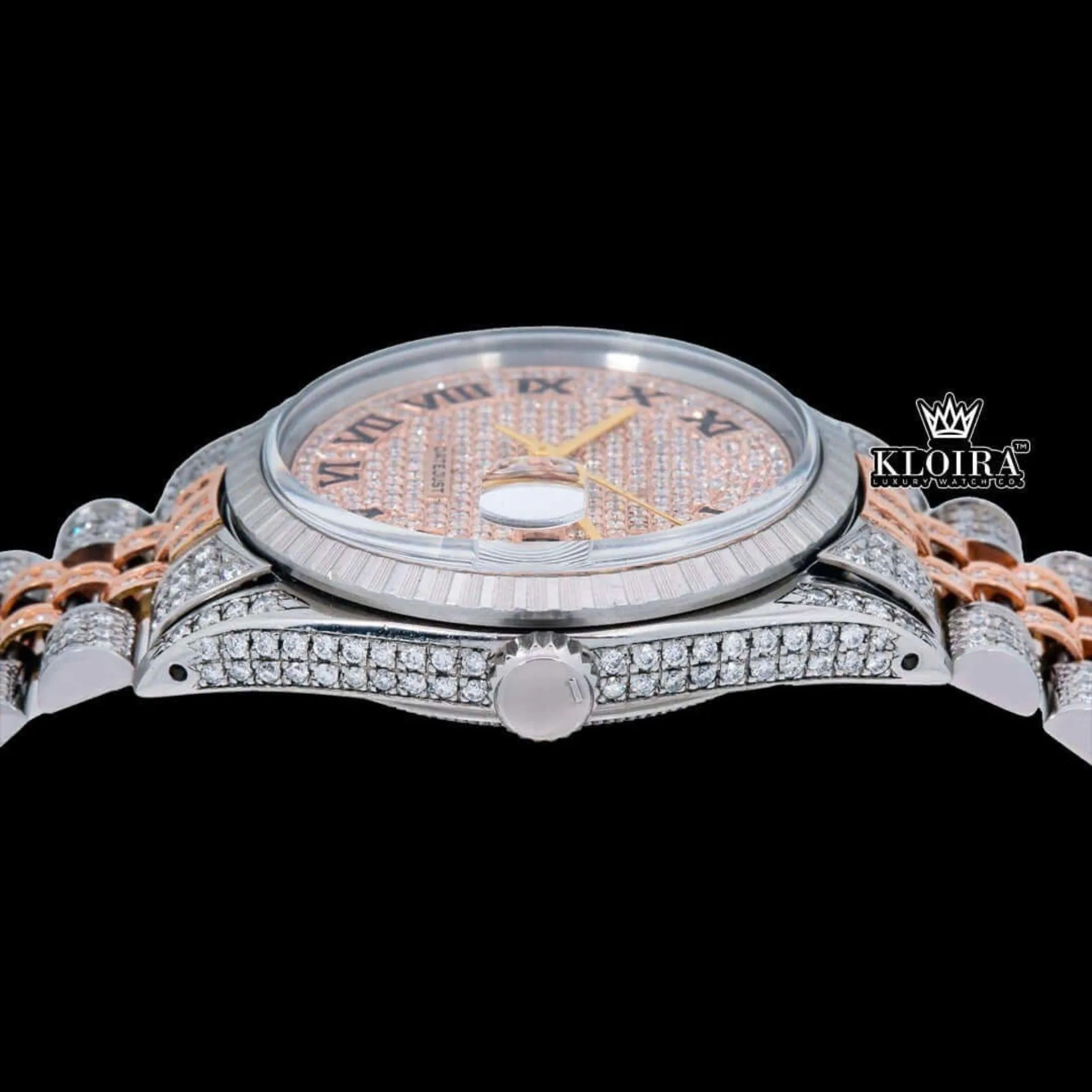 Rose Gold Oyster Roles Inspired Two Tone Moissanite Watch 14K Gold VVS 18 Carat Crown View