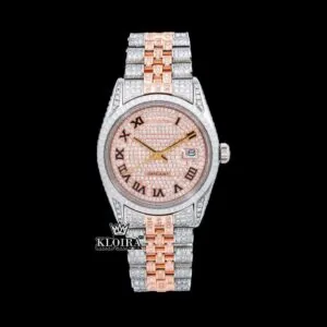 Roles Rose Gold Roman Numerals Two Tone Iced Out Moissanite Watch