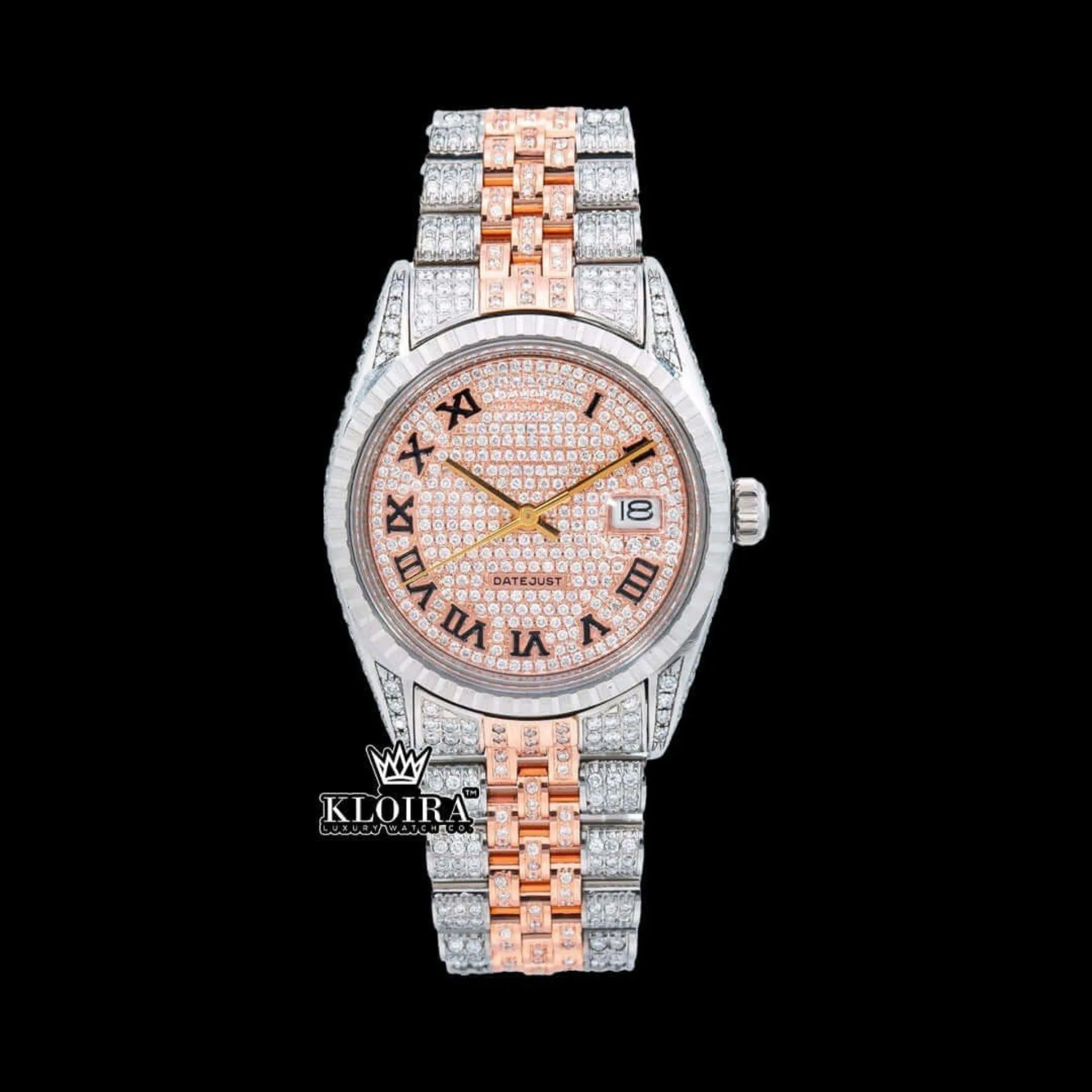 Roles Rose Gold Roman Numerals Iced Out Moissanite Watch with 2200 VVS Diamonds