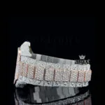 Rose Gold Roman Dial Two Tone Block Link Strap Moissanite Watch Left Side Bracelet View