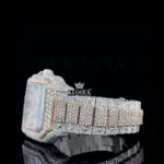 Rose Gold Roman Dial Two Tone Block Link Strap Moissanite Watch Left Side View