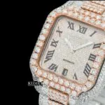 Rose Gold Roman Dial Two Tone Diamond Block Link Strap Moissanite Watch Close Up Dial View