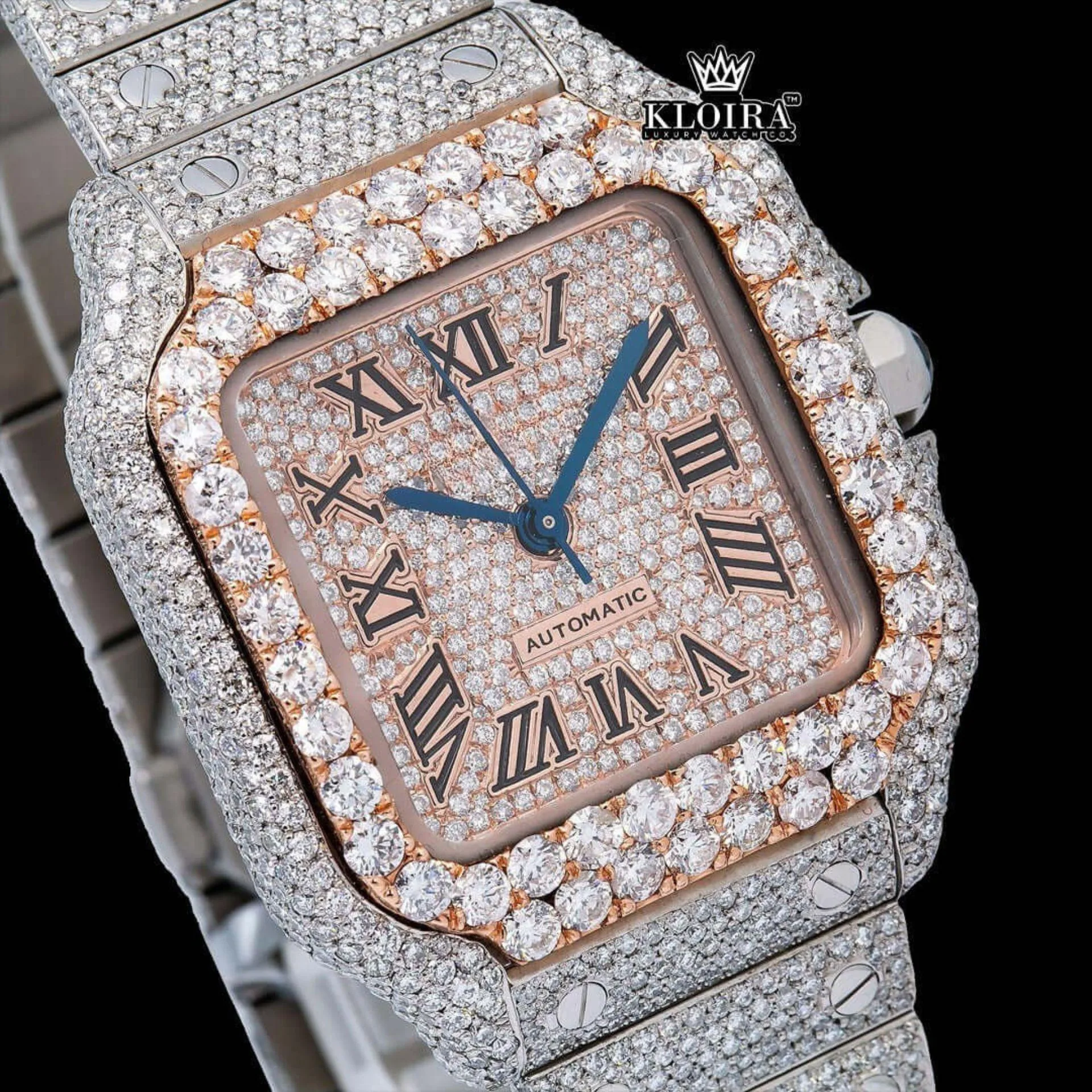 Rose Gold Roman Dial Two Tone Iced Out Lab grown Diamond Watch Close Up Dial View