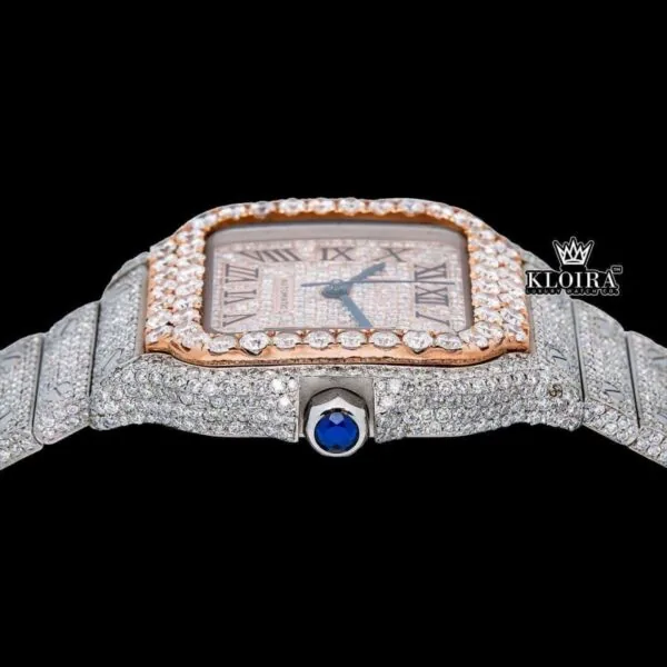 Rose Gold Roman Dial Two Tone Iced Out Lab grown Diamond Watch Crown View