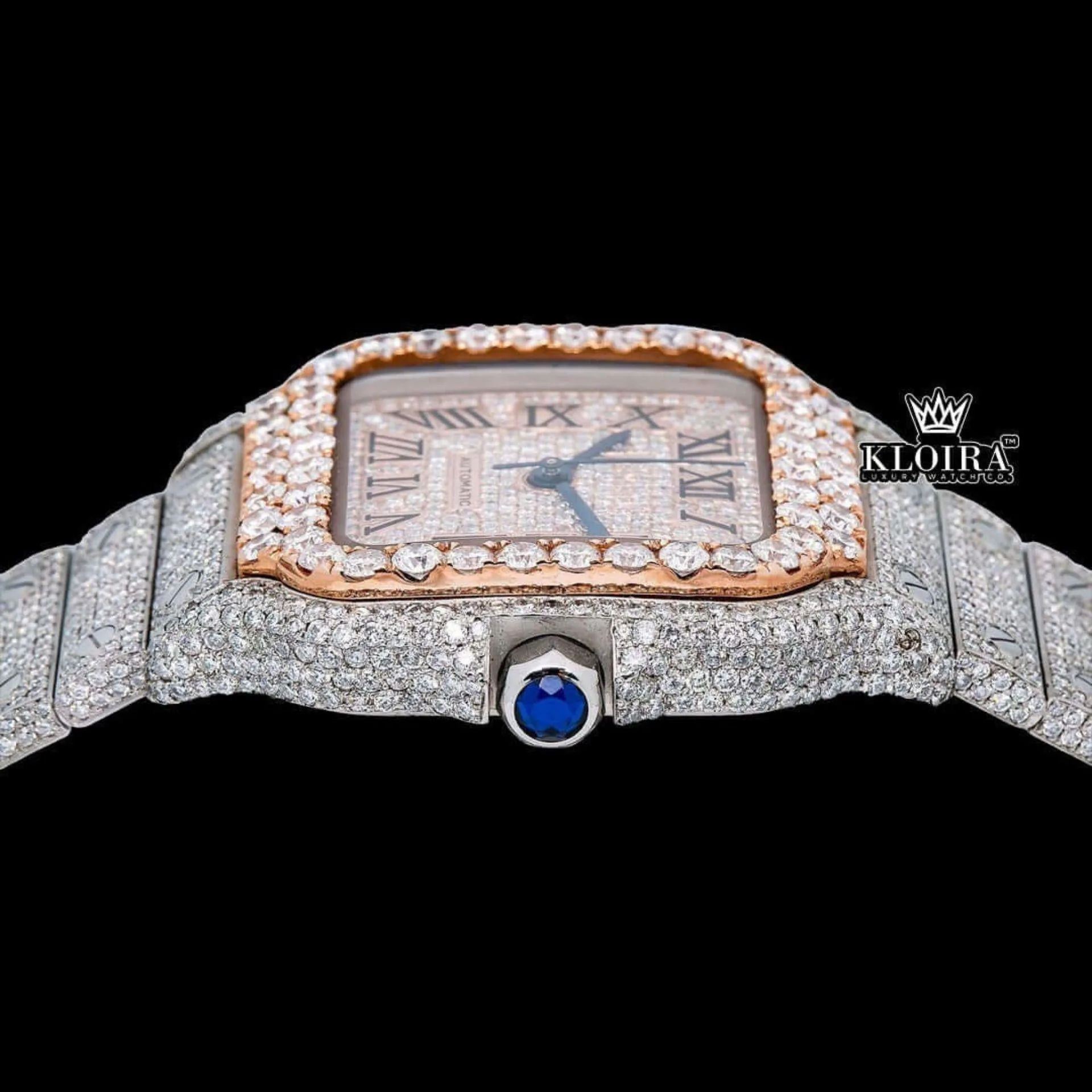 Rose Gold Roman Dial Two Tone Iced Out Lab grown Diamond Watch Crown View