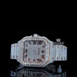Rose Gold Roman Dial Two Tone Iced Out Moissanite Diamond Watch Close Up Dial View