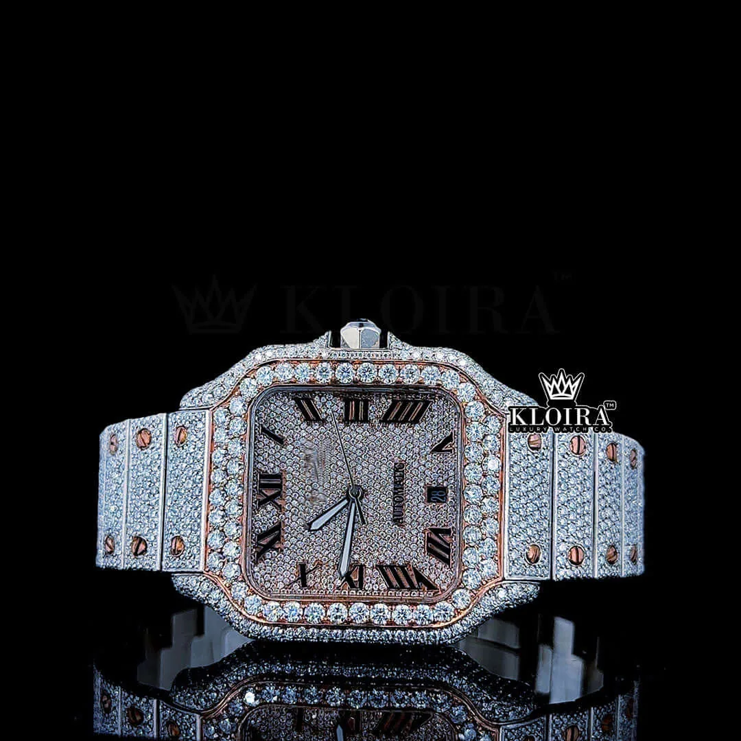 Cartior Rose Gold Roman Dial Two Tone Moissanite Watch with sparkling details