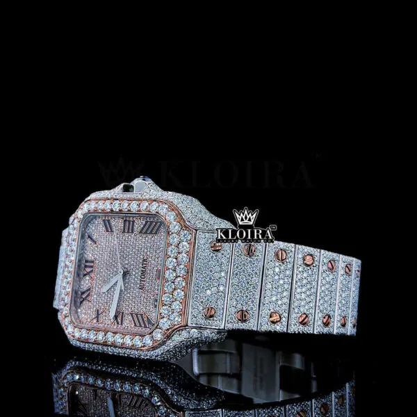 Rose Gold Roman Dial Two Tone Iced Out Moissanite Diamond Watch Left Profile View