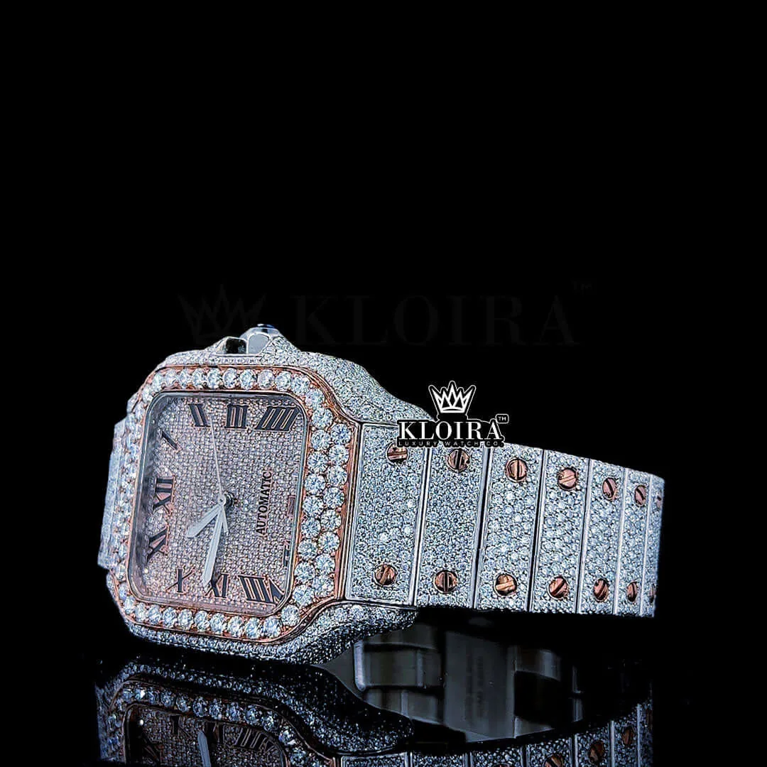 Rose Gold Roman Dial Two Tone Iced Out Moissanite Diamond Watch Left Profile View