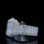 Rose Gold Roman Dial Two Tone Iced Out Moissanite Diamond Watch Left Side View