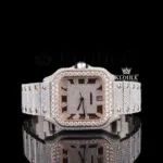 Rose Gold Roman Numerals Fully Iced Out Moissanite Diamond Watch Close Up Front View