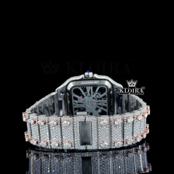 Rose Gold Skeleton Dial Two Tone Diamond Bar Strap Moissanite Watch Caseback View